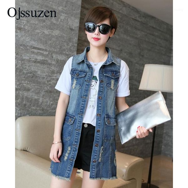 

ripped denim vests women jacket sleeveless outerwear slim long washed female jeans vest woman with pocket blue1, Black;white