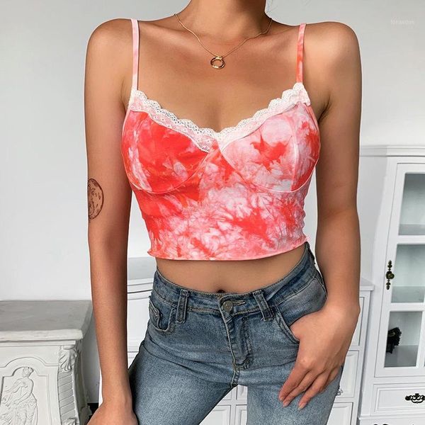 

women's tanks & camis girls summer tie-dye spaghetti strap v-neck with lace red aesthetics backless party streetwear1, White