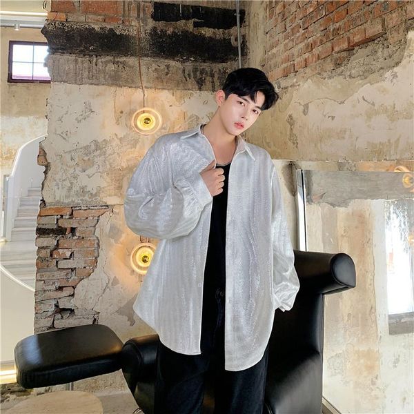 

men's casual shirts male women streetwear hip hop party dress men fashion long sleeve loose shining shirt cardigan outerwear, White;black