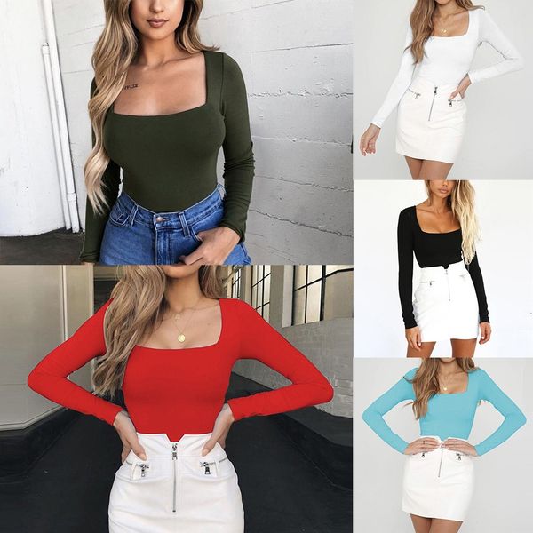 

new fashion women's sleeve solid square-neck long loose t-shirt casual t-shirts, White