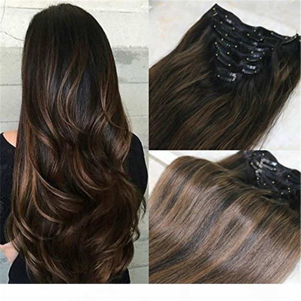 

ombre color remy human hair bundles #1b natural black to #6 medium brown and natural black clip in human hair extensions 7pcs 120g