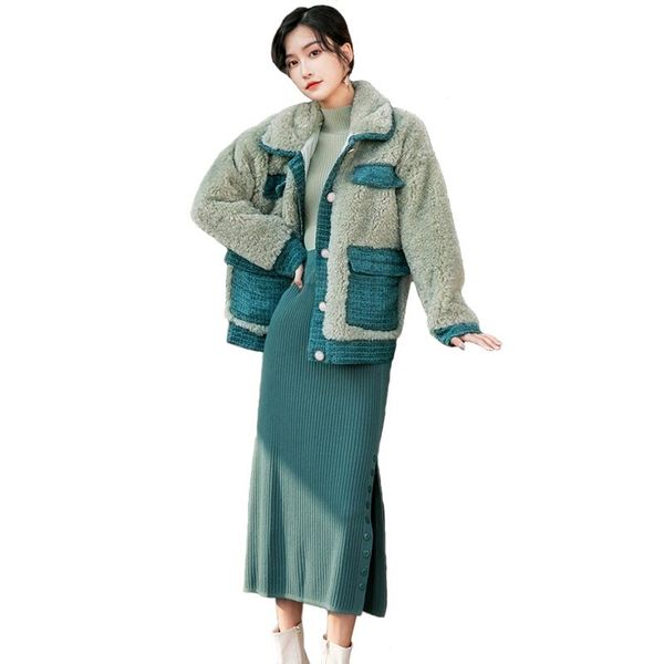 

women's tracksuits vintage simple green elegant three piece sets women stitching imitation lamb wool coat + stretch sweater knitted ski, Gray