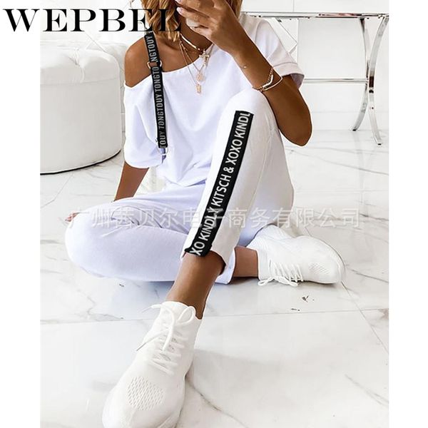

women tracksuits two piece sport fitness clothes set casual short sleeve off shoulder loose + letter print long pants q1210, Black;white