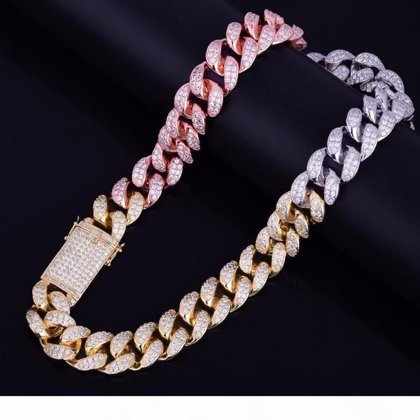 

20mm heavy mixed color miami men's cuban necklace choker iced cubic zircon hip hop jewelry gold silver chain 18" 20