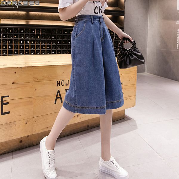 

casual streetwear wide leg denim skirt shorts women loose straight high waist short feminino plus size midi ladies shorts jeans y200512, White;black