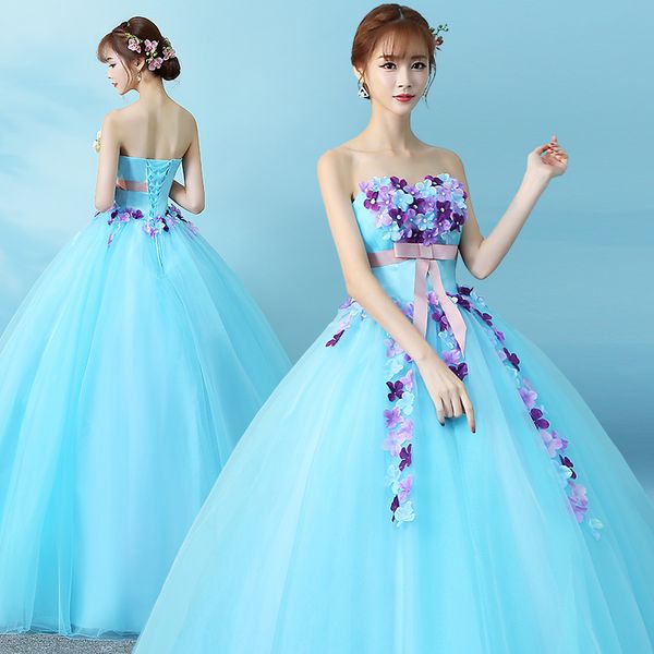 

robe de soiree sky blue new lace strapless stage luxury long evening dress famous appliques flowers party performance ball gown, Black;red