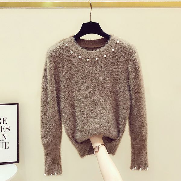

2020 autumn winter new mink fur beaded round neck short sweater women's korean long sleeve knitwear fashion sweater girls jumper h1211, White;black
