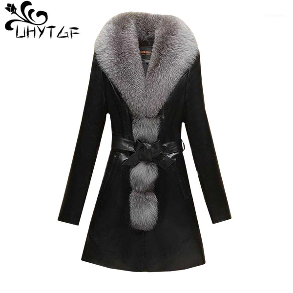 

uhytgf imitation fur winter coat women quality pu leather plus size luxury washed leather slim female jacket 4191, Black