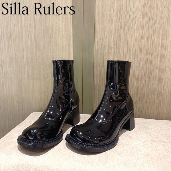 

silla rulers new retro round toe ankle boots woman patent leather chunky heels knight boots woman runway punk1, Black