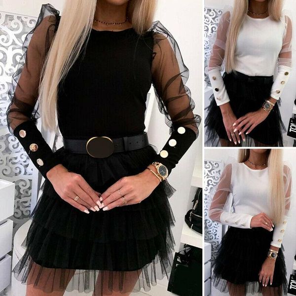 

women mesh sheer puff long sleeve shirt blouses work pullover blouse shirts patchwork buttons 2020 casual party clubwear, White