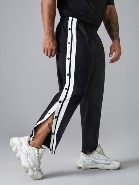 

extended sizes men side striped button detail pants r6tc#, Black