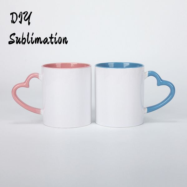 

diy sublimation 11oz ceramic mug with heart handle 320ml white ceramic cups with colorful inner coating special water bottle coffee pottery