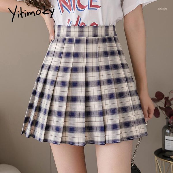 

yitimoky plaid skirts womens 2020 fashion above knee high waist skirt with shorts lined checkerboard plus size pleated skirt1, Black