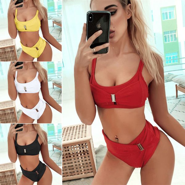

chanshuang new solid women red swimsuit high waist bikini