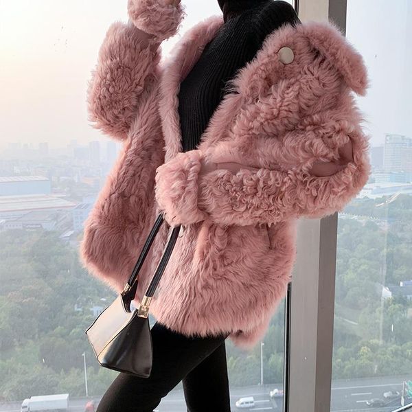 

women's fur & faux women 2021 winter fake lamb motorcycle jackets female short solid color coats ladies loose warm outwears q564, Black