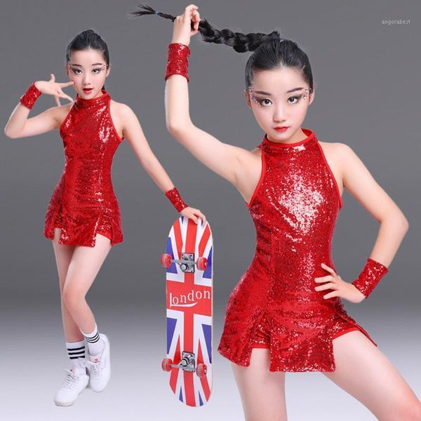 

girls sequined ballroom jazz hip hop dance wear costumes kid performance modern party show dancing clothing set outfits1, Black;red