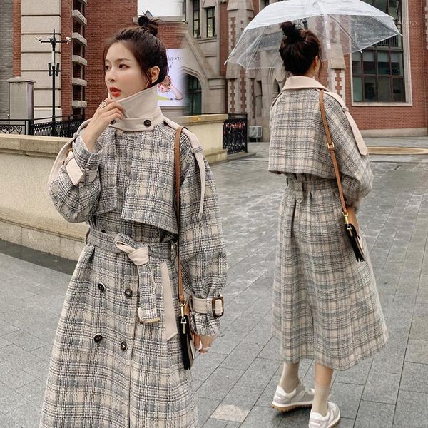 

women's winter new loose long british style retro plaid casual temperament jacket thickened popular female woolen coat1, Black