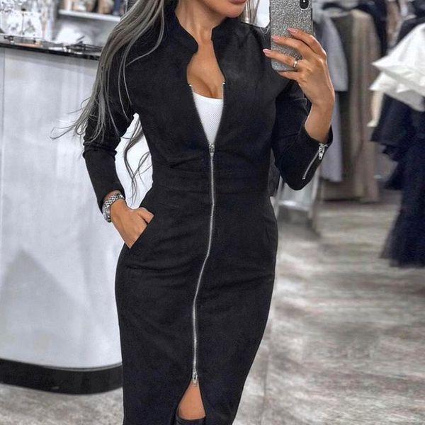 

women's dress long sleeve bodycon zippers vintage stand collar office women's dresses, Black;gray