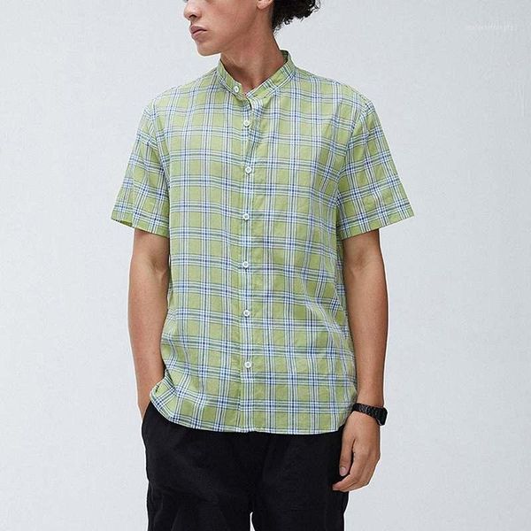 

men's casual shirts 2021 summer plaid men shirt brand stand collar harajuku camisa cotton buttons short sleeve streetwear hawaiian men1, White;black