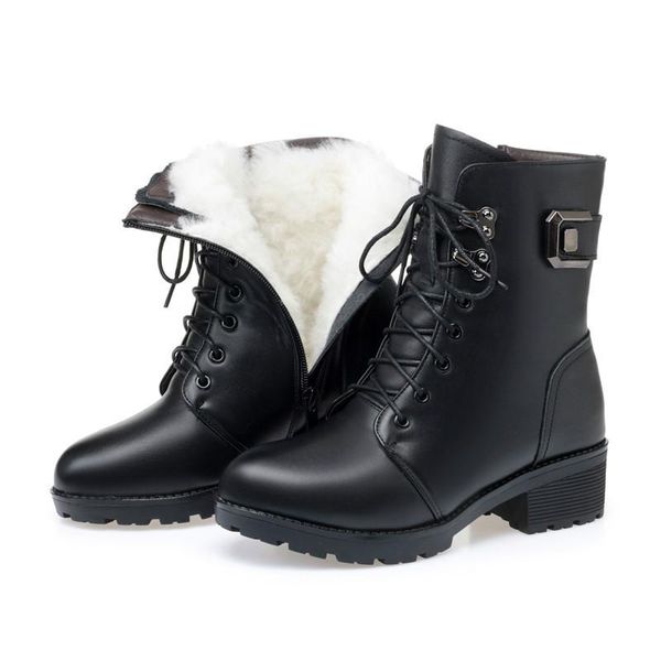 

leather boots women winter new 2021 wool warm genuine leather non-slip motorcycle ladies boots large size 43 winter snow, Black