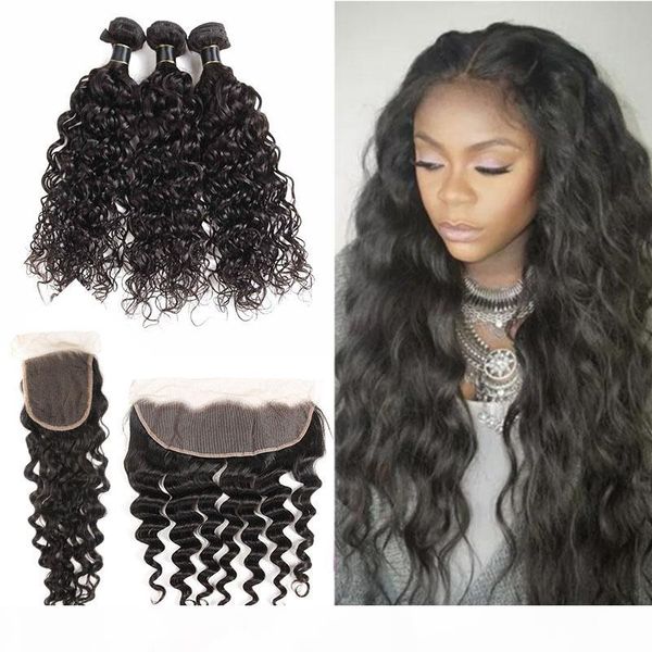 

brazilian malaysian indian straight body wave human hair weaves 3 bundles with closure deep water wave 3 bundles with frontal hair wefts, Black