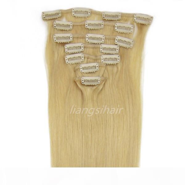 

clip in hair extensions brazilian peruvian indian malaysian straight virgin remy human hair products 15"-26" 7pcs 24# pale golden, Black;brown