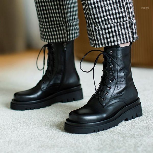 

boots 2021 autumn winter genuine leather women's ankle platform chunky heels pumps party office lady shoes woman heels1, Black