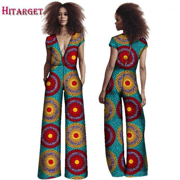 

fashion bazin riche african women deep v neck jumpsuit clothing dshiki african wax print bodysuit office jumpsuit clothes wy15991, Red