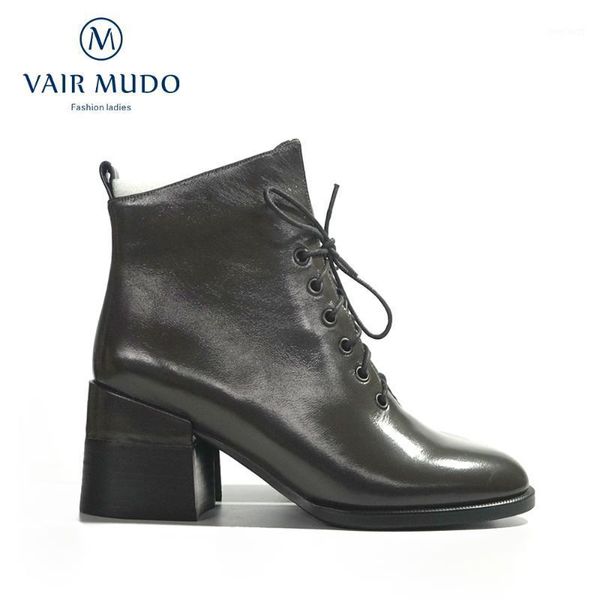 

vair mudo ankle boots shoes women thick heels patent leather round toe women boots shoes fashion green warm dx641, Black