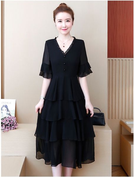 

2021 new summer chiffon women's new v-neck ruffled cake slim plus size 4xl 5xl black mid-long party dress vestidos ah88 f5dq, Black;gray