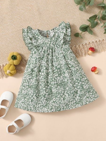 

baby allover floral print layered trim dress she, Red;yellow