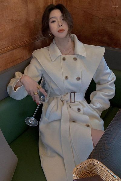 

wool blend woolen coat double breasted overcoat trench slim with belt sashes 2020 windbreaker korean chaqueta long outfit winter1, Black