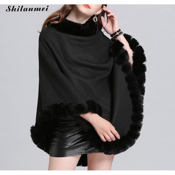 

2020 autumn winter women shawl poncho ladies capes with fur collar knitted triangle fur ponchos female loose pullover size1, Black