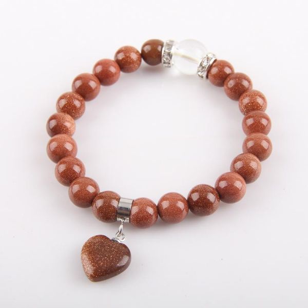

natural elegant gold sand boutique round beads heart shape natural stone crystal beaded bracelets for women men gifts, Golden;silver