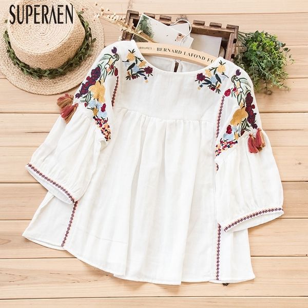 

superaen embroidered round neck fashion shirt female new summer cotton blouses and female three quarter sleeve y200622, White