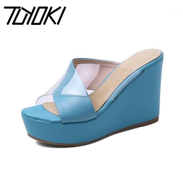 

tuyoki genuine leather sandals wedges summer women shoes thick bottom shoes clear platform party casual lady size 34-391, Black