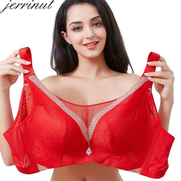 

jerrinut bras for women plus size brassiere 110 115 120 cde cup big size bras push up large cup bras sostenes mujer grande bh y200415, Red;black