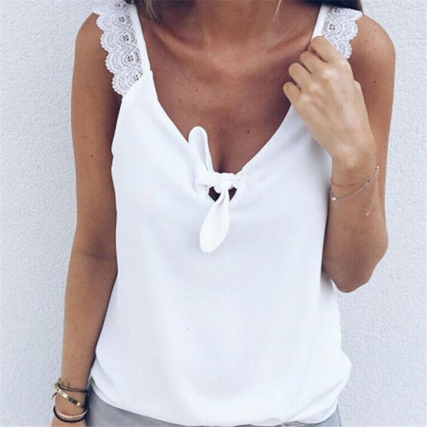 

fashion women v-neck lace elegant solid sleeveless summer vest loose tank debardeur femme tank lady tee camisa feminina, White