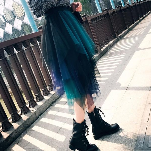 

skirts womens tulle 2020 fashion elastic high waist mesh tutu maxi skirt pleated long skirts midi skirt saias faldas jupe femme, Black