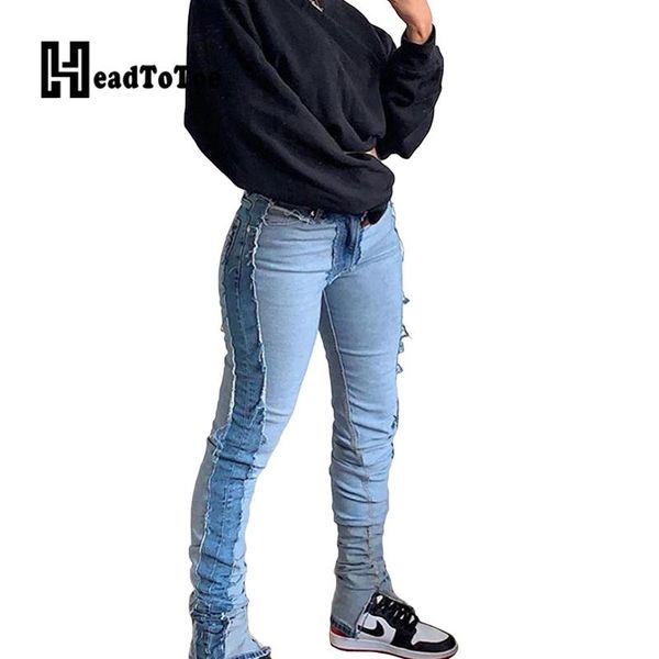 

women's jeans patchwork print ripped vintage washed pants women slim denim pencil woman, Blue