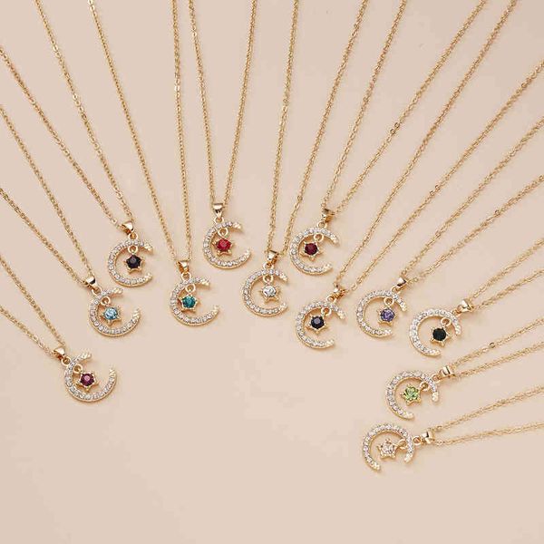 

12 months paper card gold clavicle chain colorful crystal birthstone moon star pendant necklace for women gift, Silver