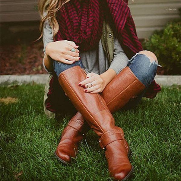 

boots fashion women riding motorcycle low heel knee high buckle side zipper female botas brown 431, Black