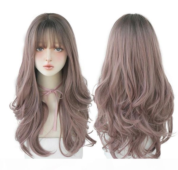 

black wavy long wig for women natural soft heat resistant wig with fringe trendy hairstyle wig
