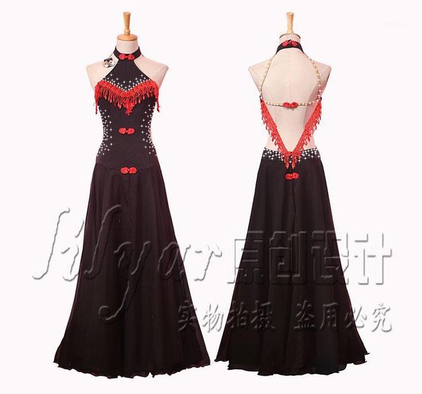 

stage wear modern skirt dress, competition performance black chinese collar, red embroidered tassel buckle1, Black;red