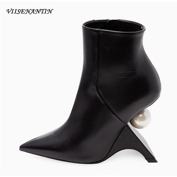 

boots genuine leather pearl decoration strange heel ankle for women summer buckle comfortable solid sandals, Black