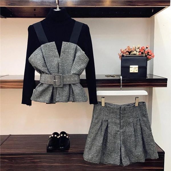

women o neck long sleeve black knitting sweater gray plaid spaghetti strap and high waist wide leg shorts 3pcs set