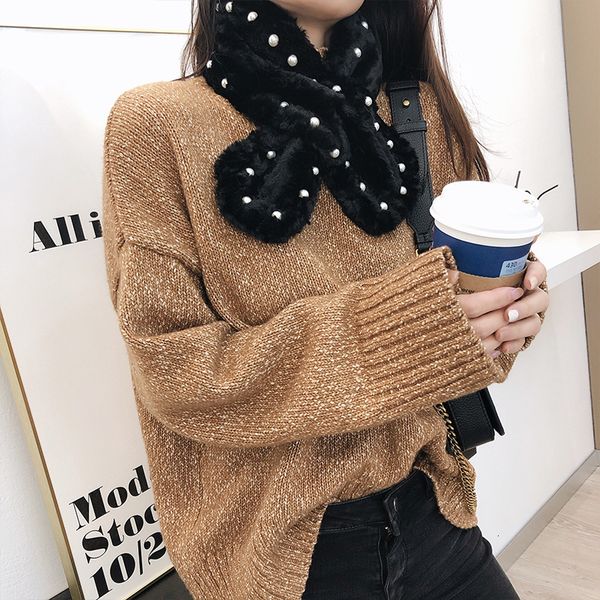 

winter imitation warm neck rabbit hair pearl button wool scarf klwe, Blue;gray