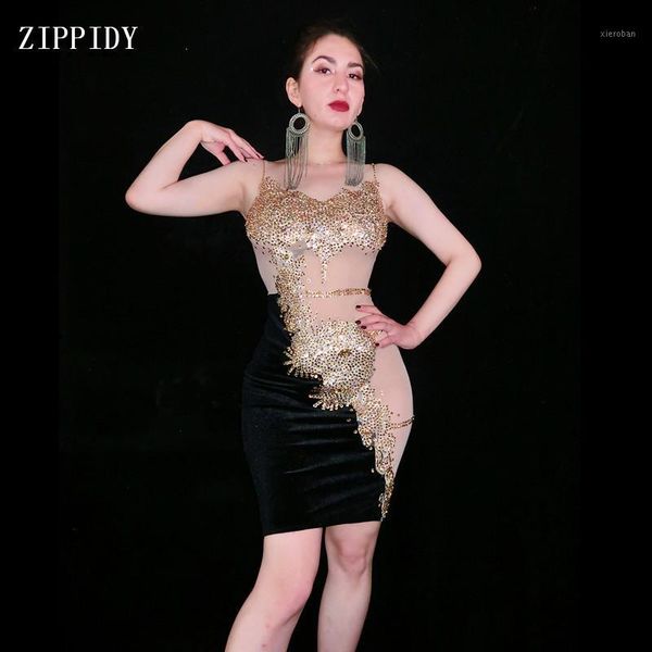 

2019 women gold stones dance black dress nightclub outfit stage skinny costume birthday prom show stretch dress1, Black;red
