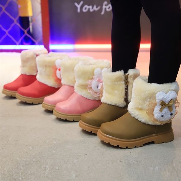 Crianças Botas de Neve para Toddlers Meninas Cartoon Coelho Crianças Tornozelo Botas Zipper Furry Peles Macio Moreto Algodão Plush Dentro 21-30 Hot LJ201029