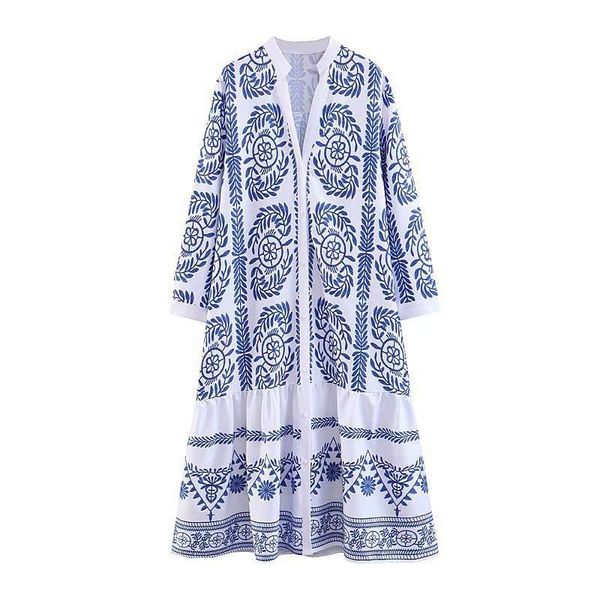 

blue and white porcelain print lapel long sleeve embroidered shirt dress 4786 / 073, Black;gray